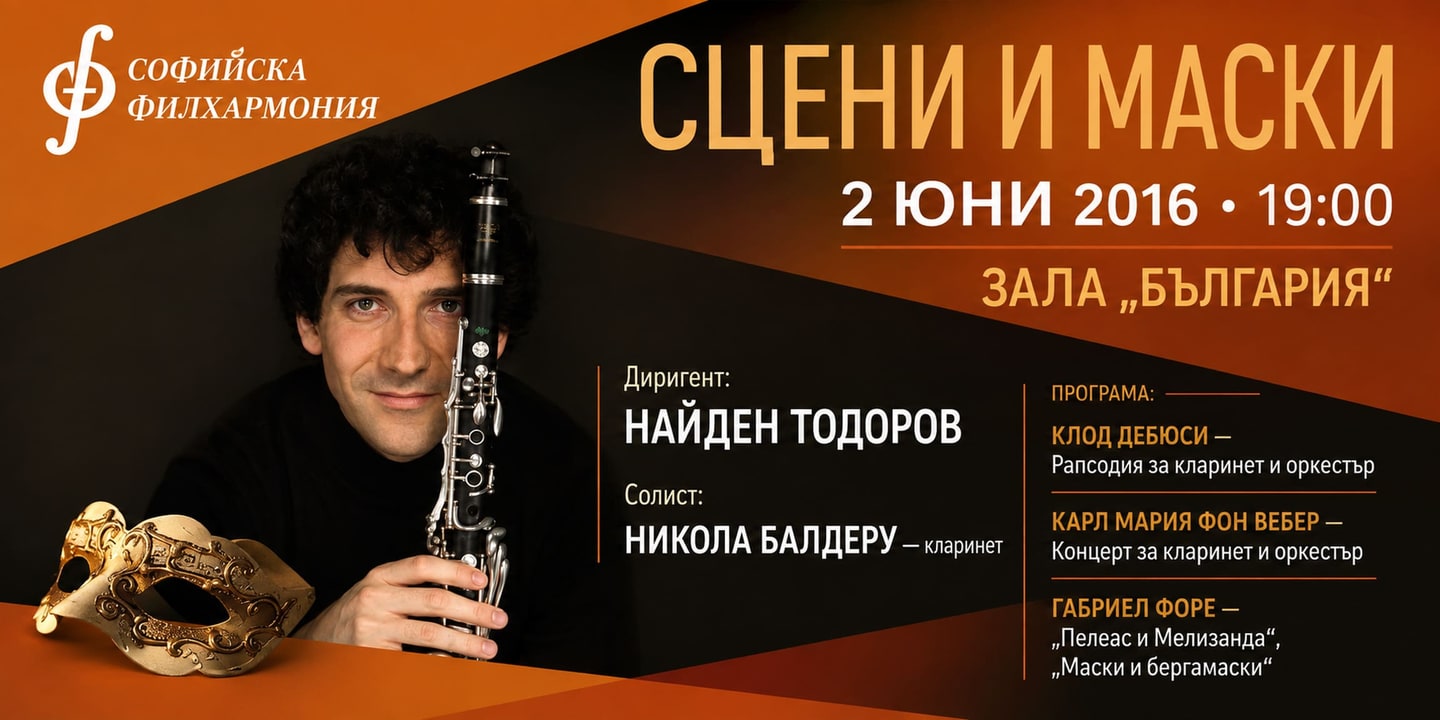 Event banner: “Masks and Bergamasques” – Symphony concert Nikola Balderu/Nayden Todorov (02.06.2016)