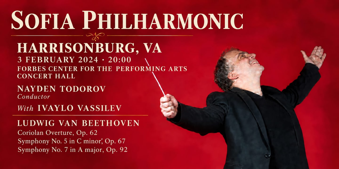 Event banner: Sofia Philharmonic & Nayden Todorov in Harrisonburg (03.02.2024)
