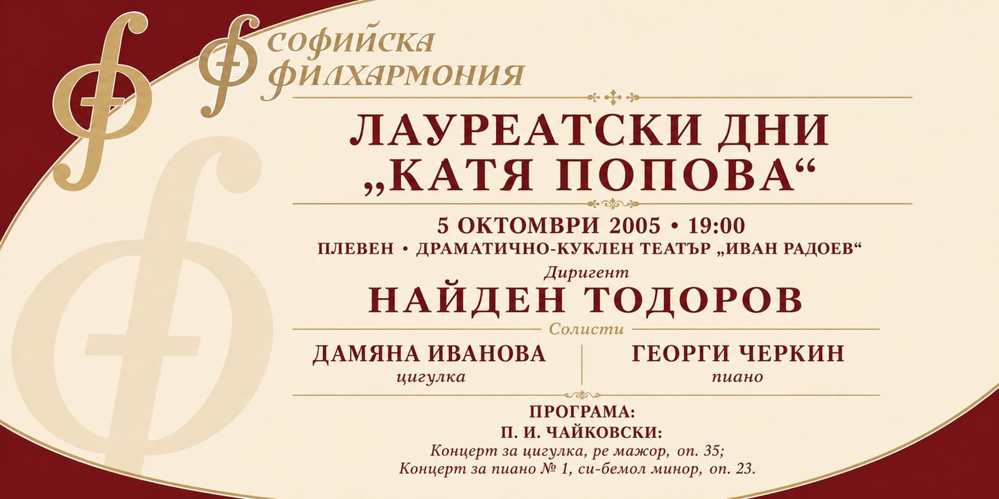 Event banner: Sofia Philharmonic & Nayden Todorov visiting “Katya Popova” Laureate Days in Pleven (05.10.2005)