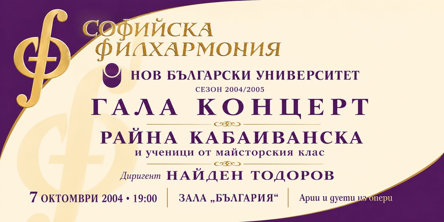 Event banner: Raina Kabaivanska’s Masterclass – Gala Concert with Nayden Todorov (07.10.2004)