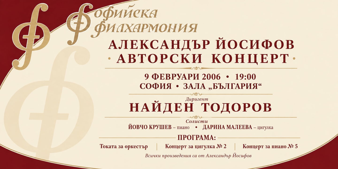 Event banner: Concert with the music of Alexander Yosifov with Nayden Todorov (09.02.2006)