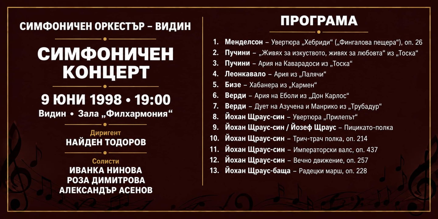 Event banner: Concert with Vidin Symphony Orchestra (09.06.1998)