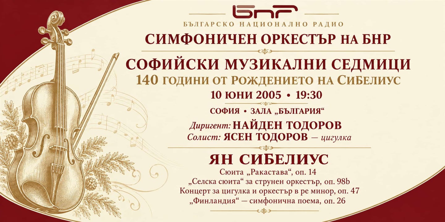 Event banner: Concert of the Symphony Orchestra of BNR with Nayden Todorov – 140 Years since the birth of Sibelius (10.06.2005)