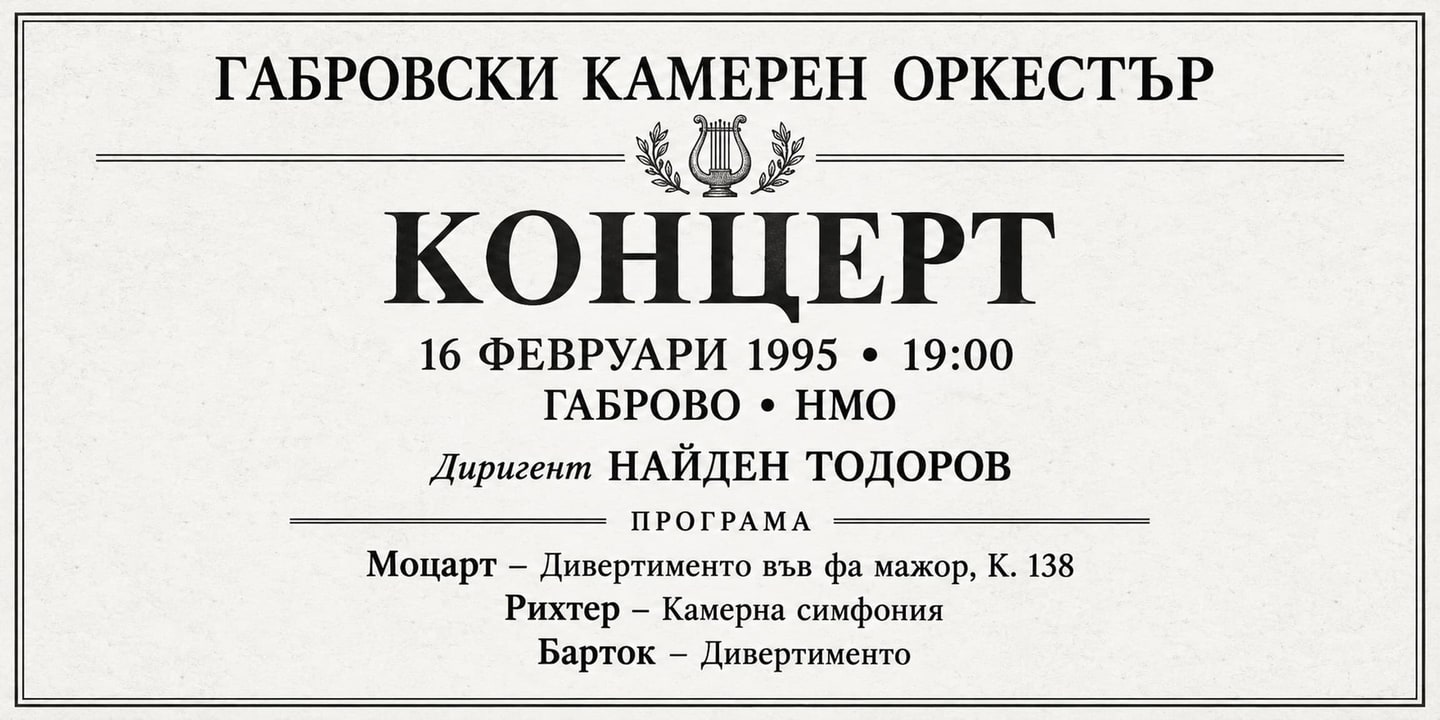 Event banner: Concert with Gabrovo Chamber Orchestra (16.02.1995)