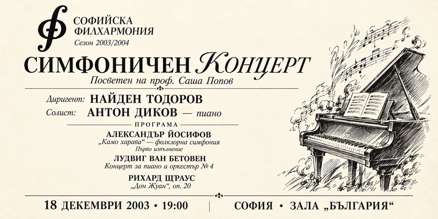 Event banner: Symphony Concert with Nayden Todorov – Dedicated to Prof. Sasha Popov (18.12.2003)