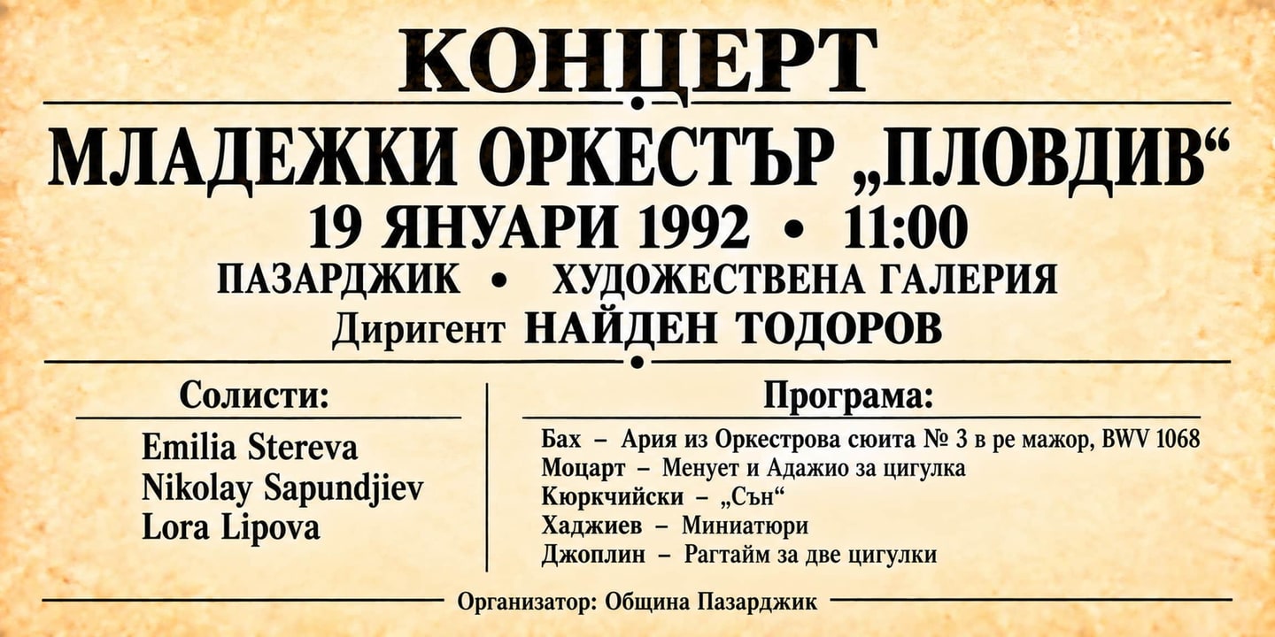 Event banner: Concert with Youth Orchestra Plovdiv (19.01.1992)