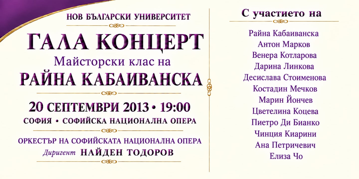 Event banner: Raina Kabaivanska's Masterclass – Gala Concert under the baton of Nayden Todorov (20.09.2013)