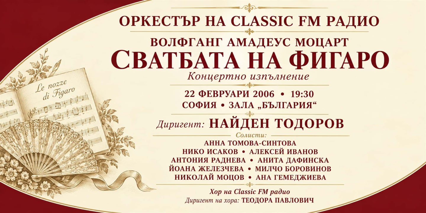 Event banner: “The Marriage of Figaro” – Concert Performance under the baton of Nayden Todorov (22.02.2006)