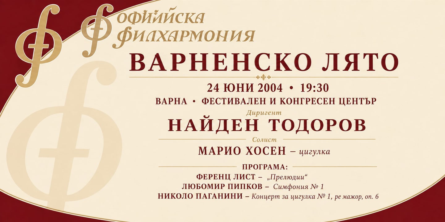 Event banner: Sofia Philharmonic on “Varna Summer” – Nayden Todorov & Mario Hossen (24.06.2004)