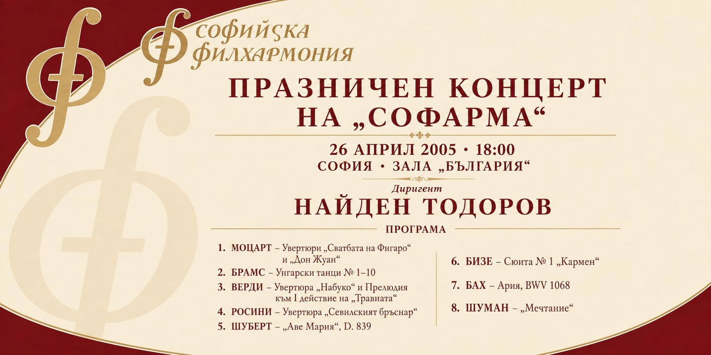 Event banner: Concert with Nayden Todorov – celebration of “Sopharma” (26.04.2005)