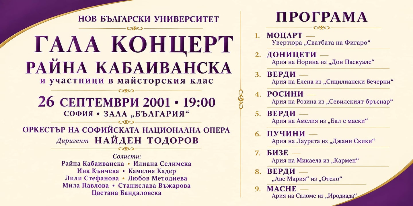 Event banner: Raina Kabaivanska's Masterclass – Gala Concert with Nayden Todorov (26.09.2001)