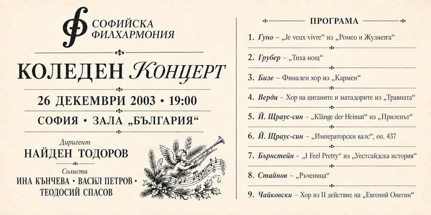 Event banner: Christmas Concert of Sofia Philharmonic under the baton of Nayden Todorov (26.12.2003)