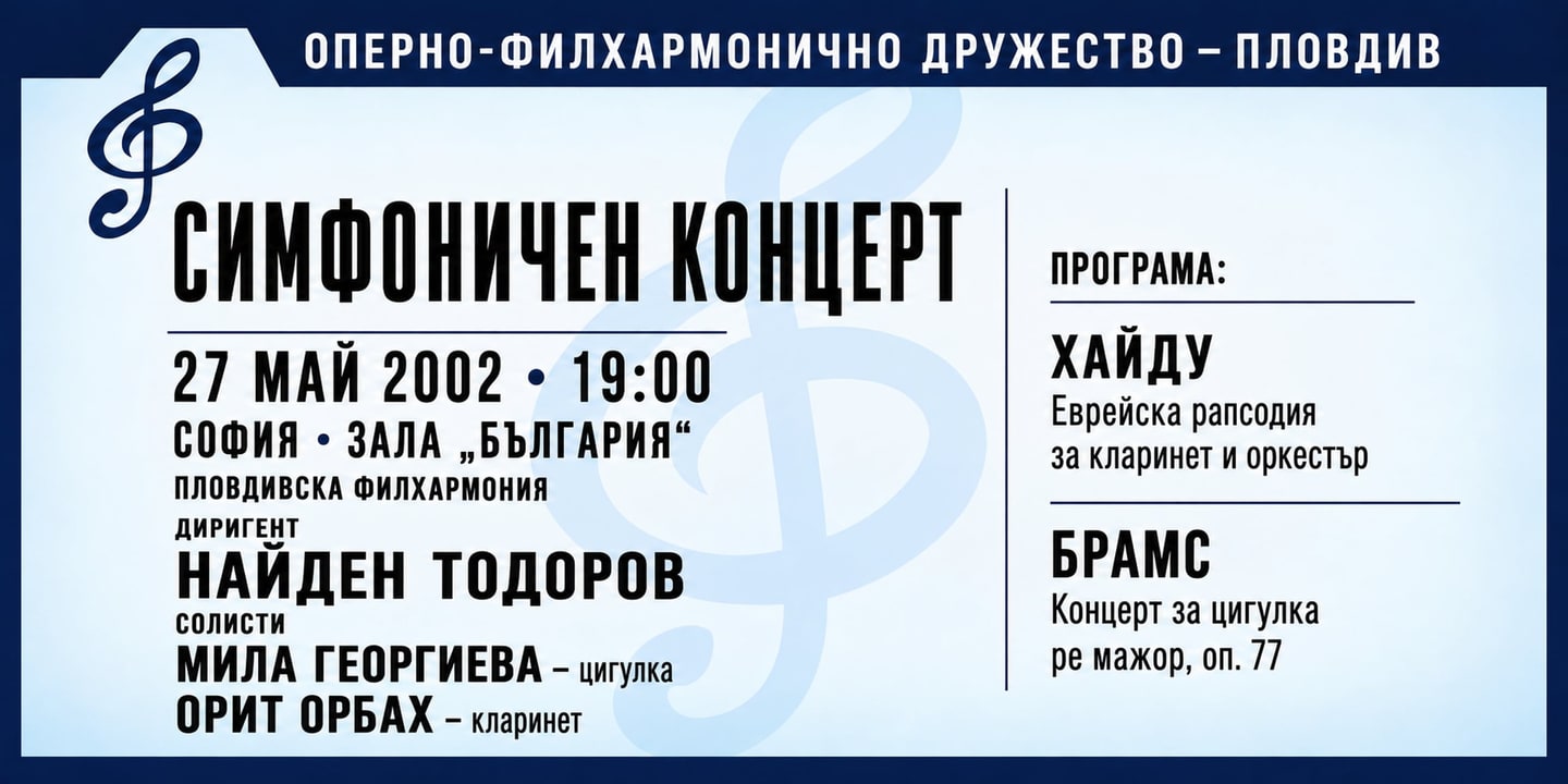 Event banner: Concert of Symphony Orchestra – Plovdiv & Nayden Todorov (27.05.2002)