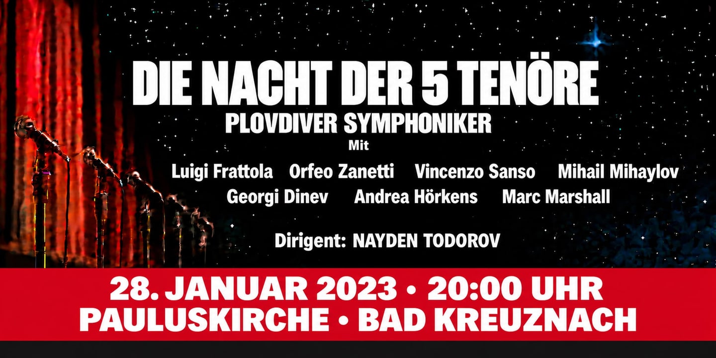 Event banner: Die Nacht der 5 Tenöre (28.01.2023)