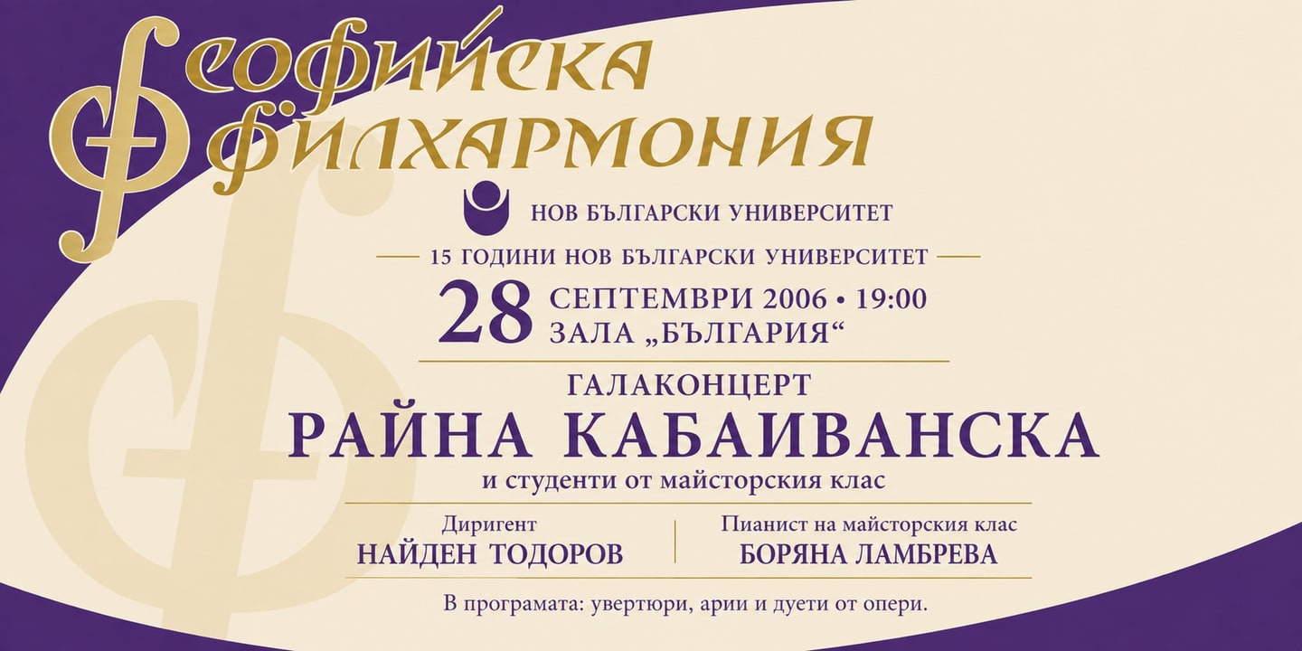 Event banner: Raina Kabaivanska’s Masterclass – Gala Concert under the baton of Nayden Todorov (28.09.2006)