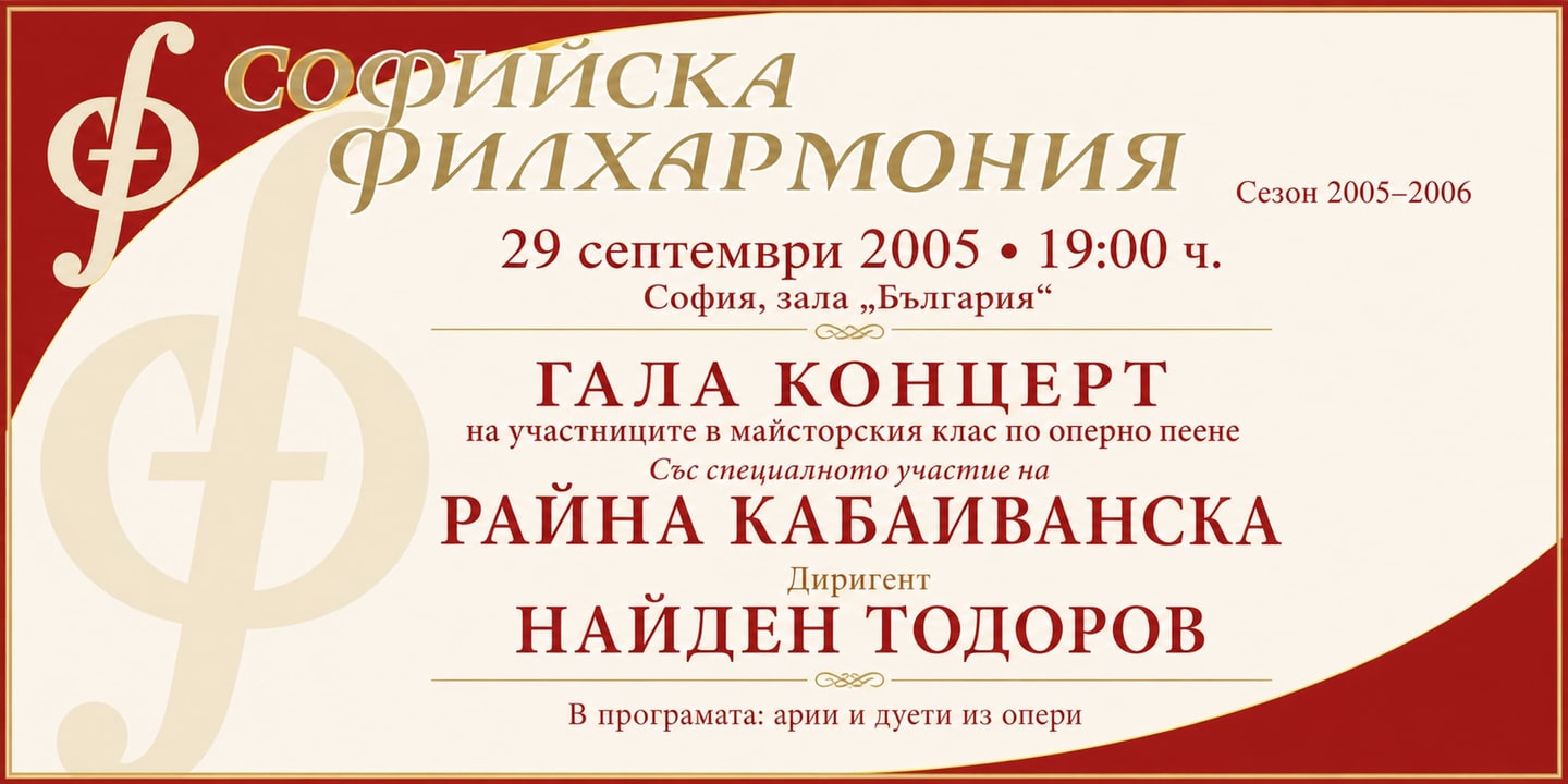 Event banner: Raina Kabaivanska’s Masterclass – Gala Concert under the baton of Nayden Todorov (29.09.2005)