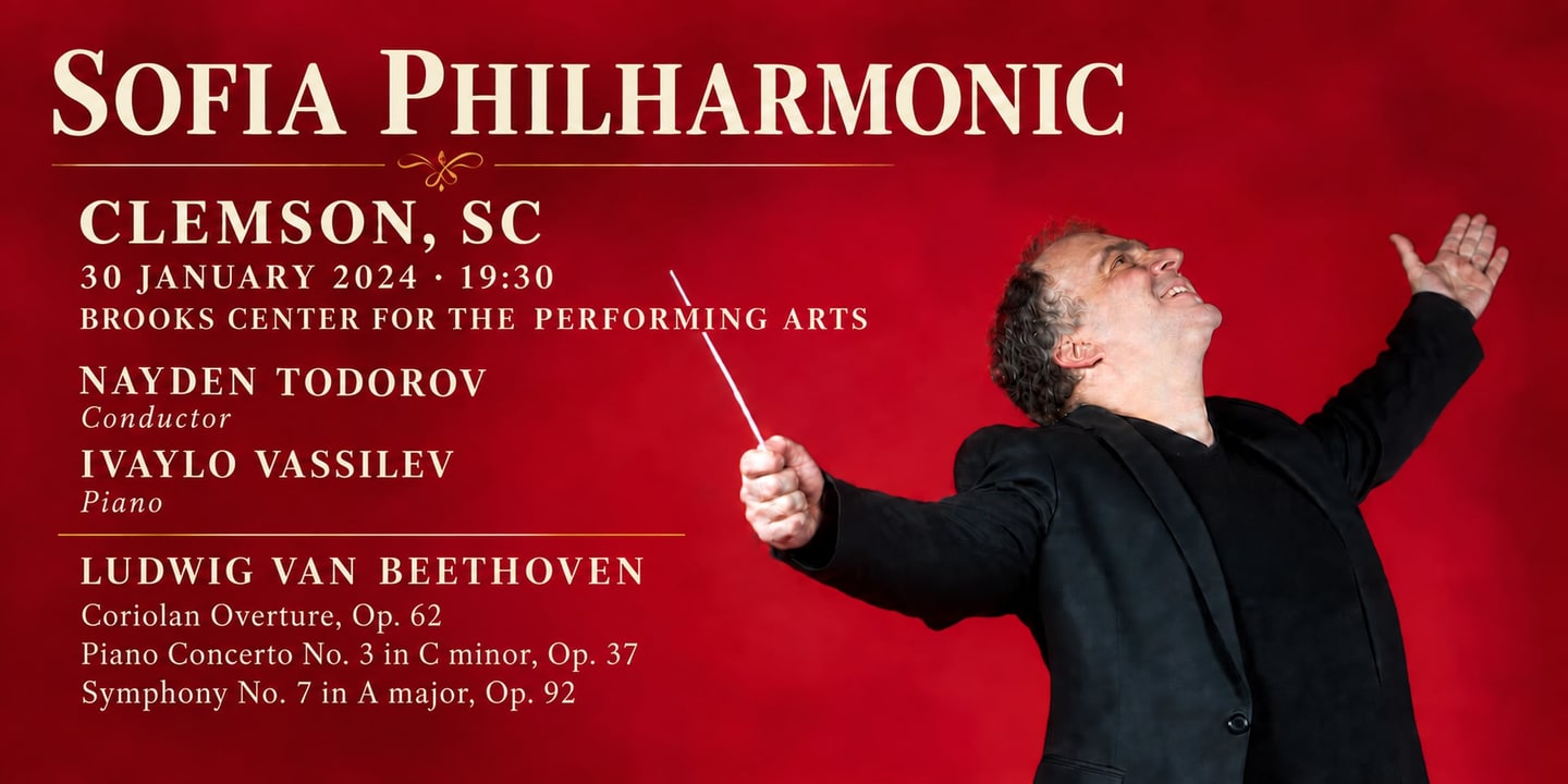 Event banner: Sofia Philharmonic & Nayden Todorov in Clemson (30.01.2024)