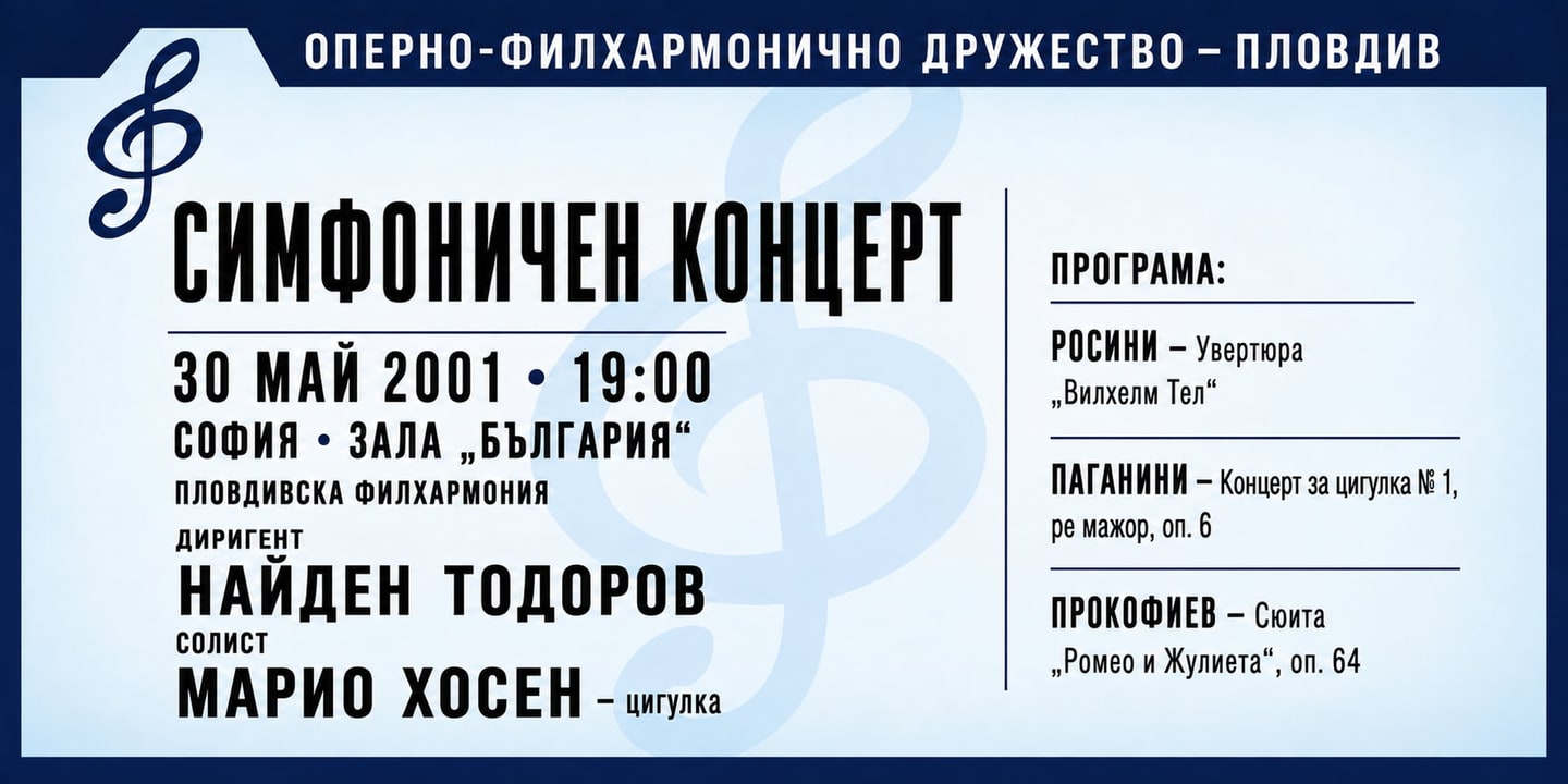 Event banner: Concert of Plovdiv Philharmonic & Nayden Todorov (30.05.2001)