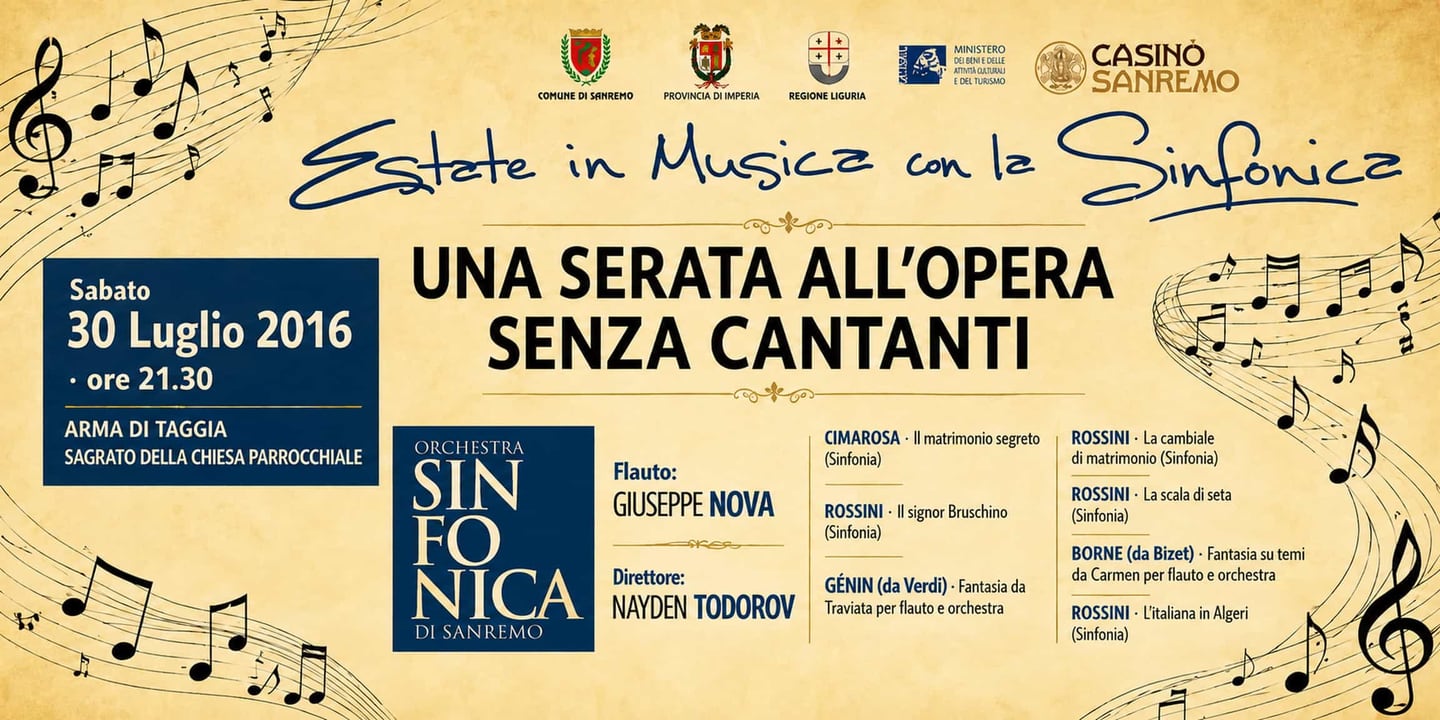Event banner: "Una serata all'opera senza cantanti" (30.07.2016)