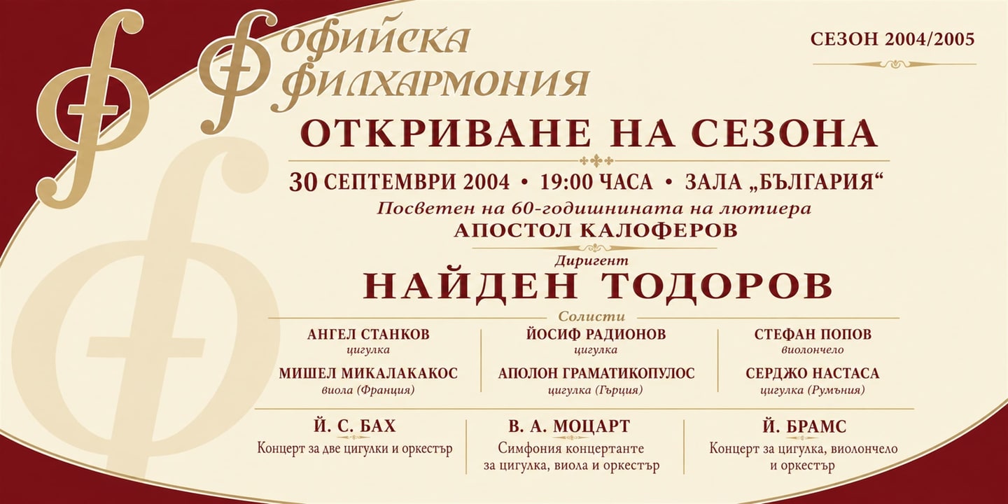Event banner: Season Opening 2004/2005 – 60th Anniversary of Apostol Kaloferov, with Nayden Todorov (30.09.2004)
